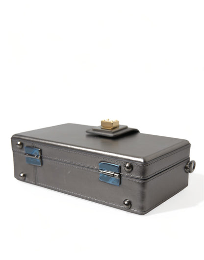 Dolce &amp; Gabbana – Schultertasche aus kastenförmigem Leder in Stahlgrau mit goldenem DG-Logo