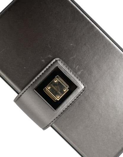 Dolce &amp; Gabbana – Schultertasche aus kastenförmigem Leder in Stahlgrau mit goldenem DG-Logo