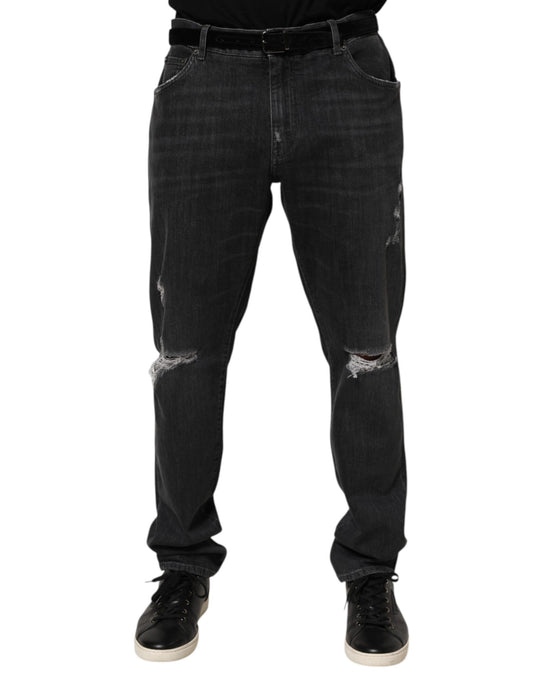 Dolce &amp; Gabbana – Slim Fit-Jeans aus schwarzer Baumwolle mit zerrissenem Logo