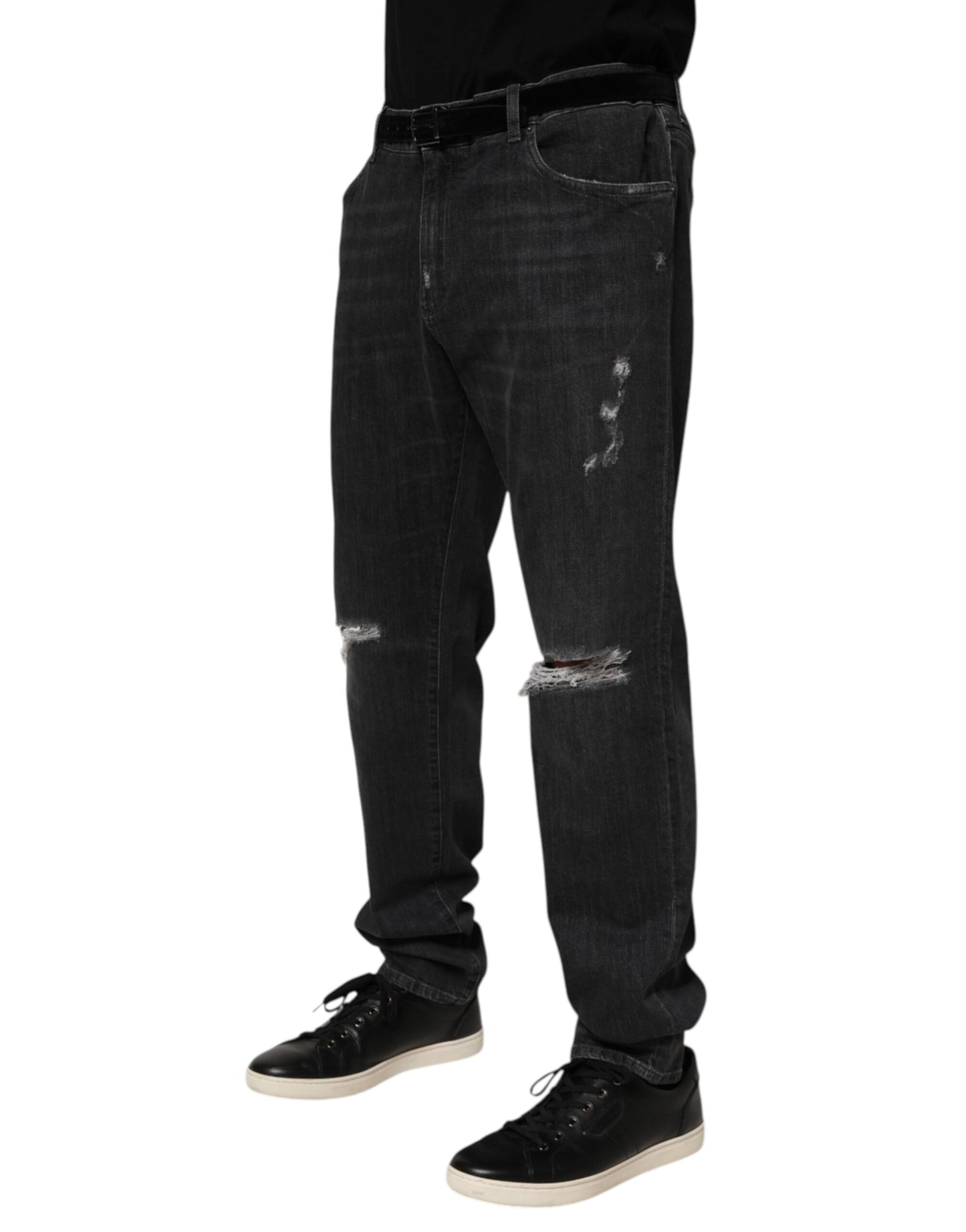 Dolce &amp; Gabbana – Slim Fit-Jeans aus schwarzer Baumwolle mit zerrissenem Logo