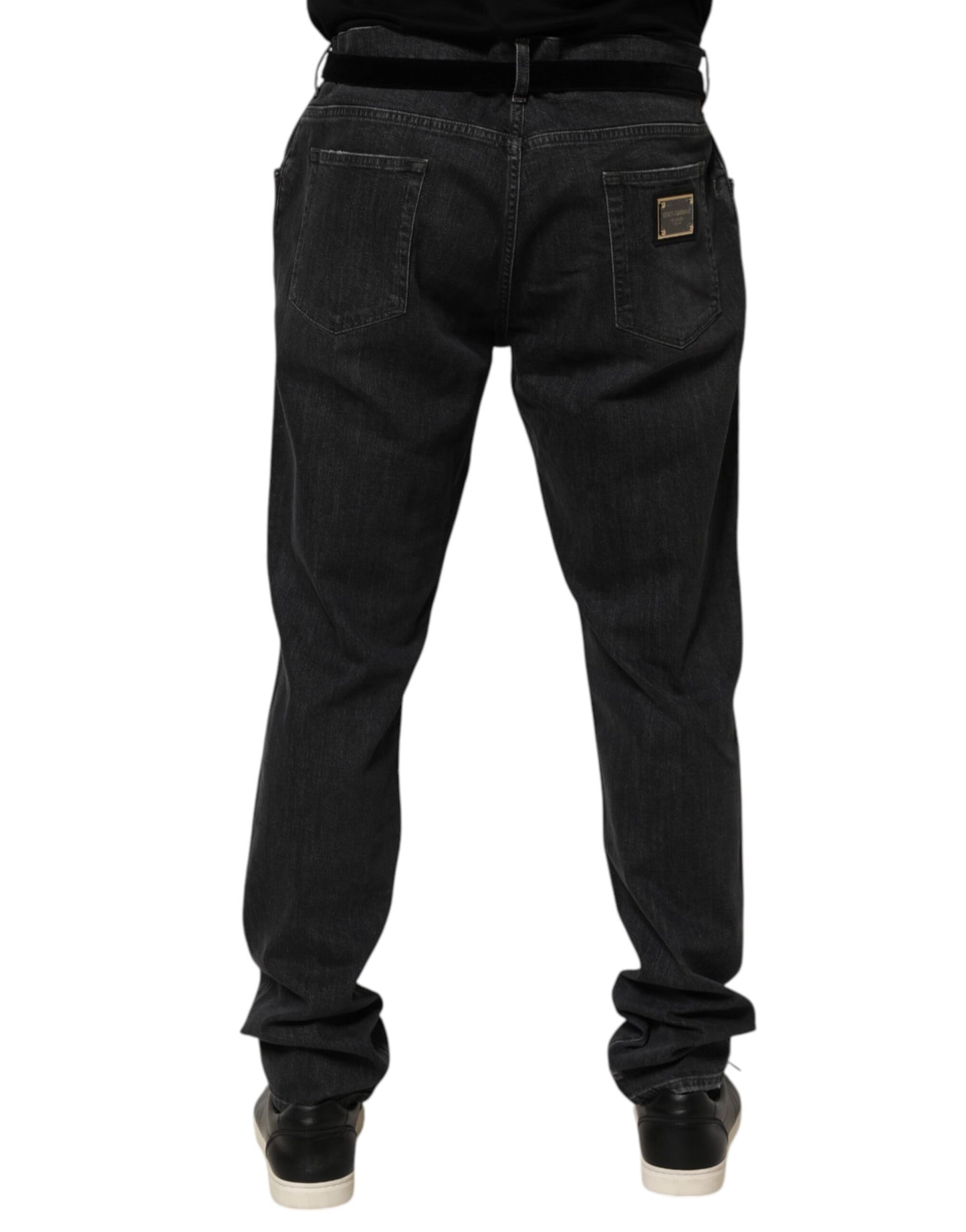 Dolce &amp; Gabbana – Slim Fit-Jeans aus schwarzer Baumwolle mit zerrissenem Logo