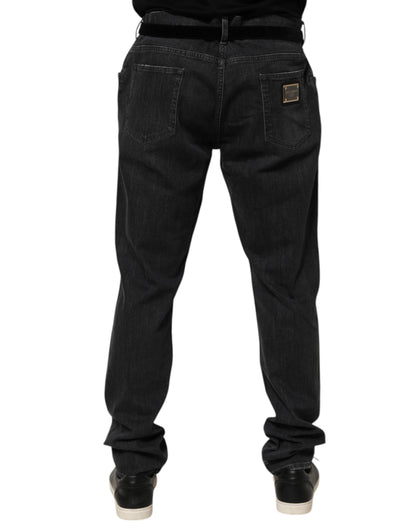 Dolce &amp; Gabbana – Slim Fit-Jeans aus schwarzer Baumwolle mit zerrissenem Logo