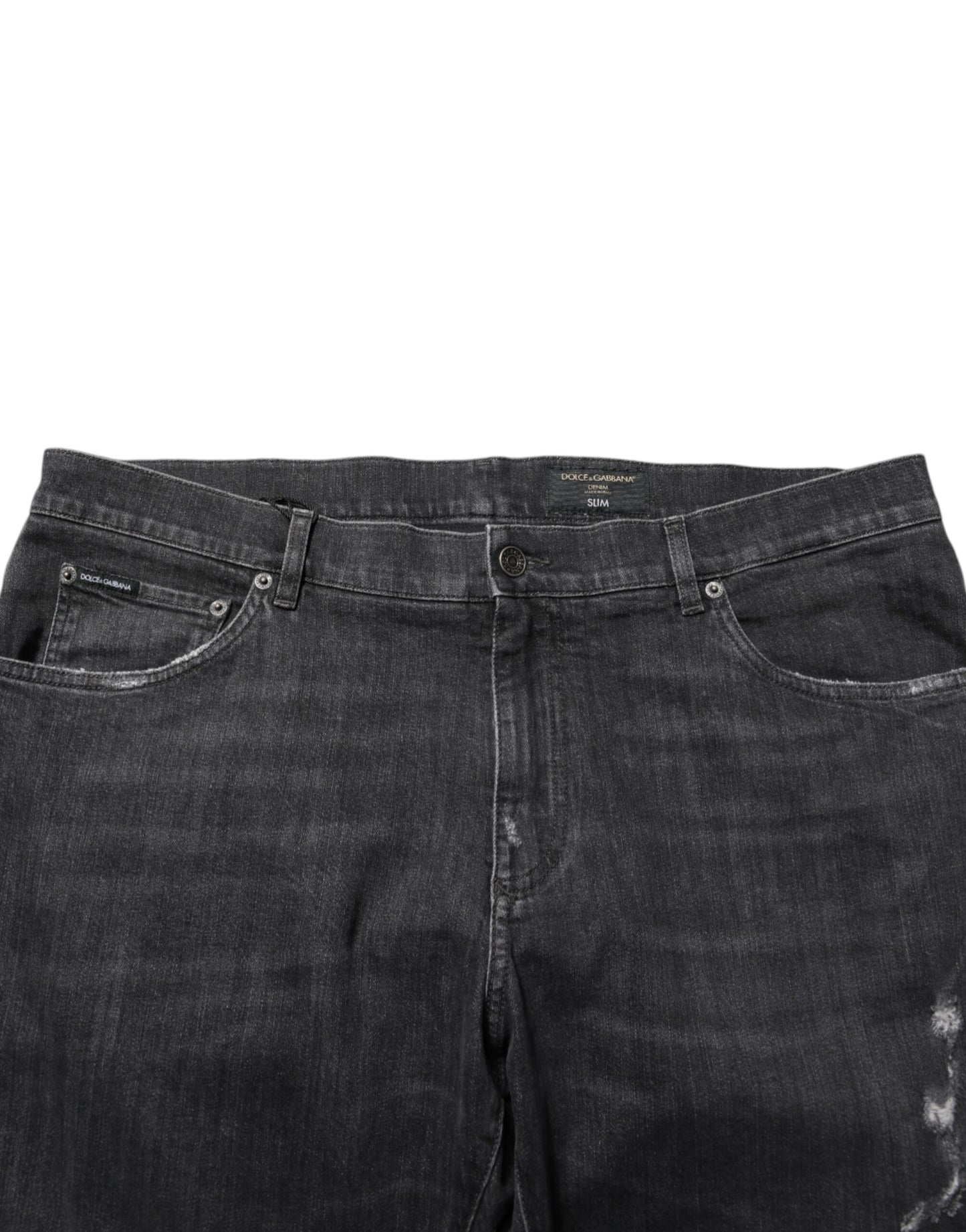 Dolce &amp; Gabbana – Slim Fit-Jeans aus schwarzer Baumwolle mit zerrissenem Logo