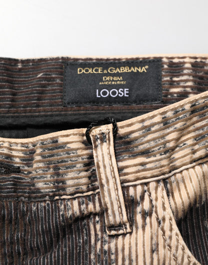 Dolce &amp; Gabbana Beige-Schwarze Cordhose aus Baumwollmischung mit Batikmuster