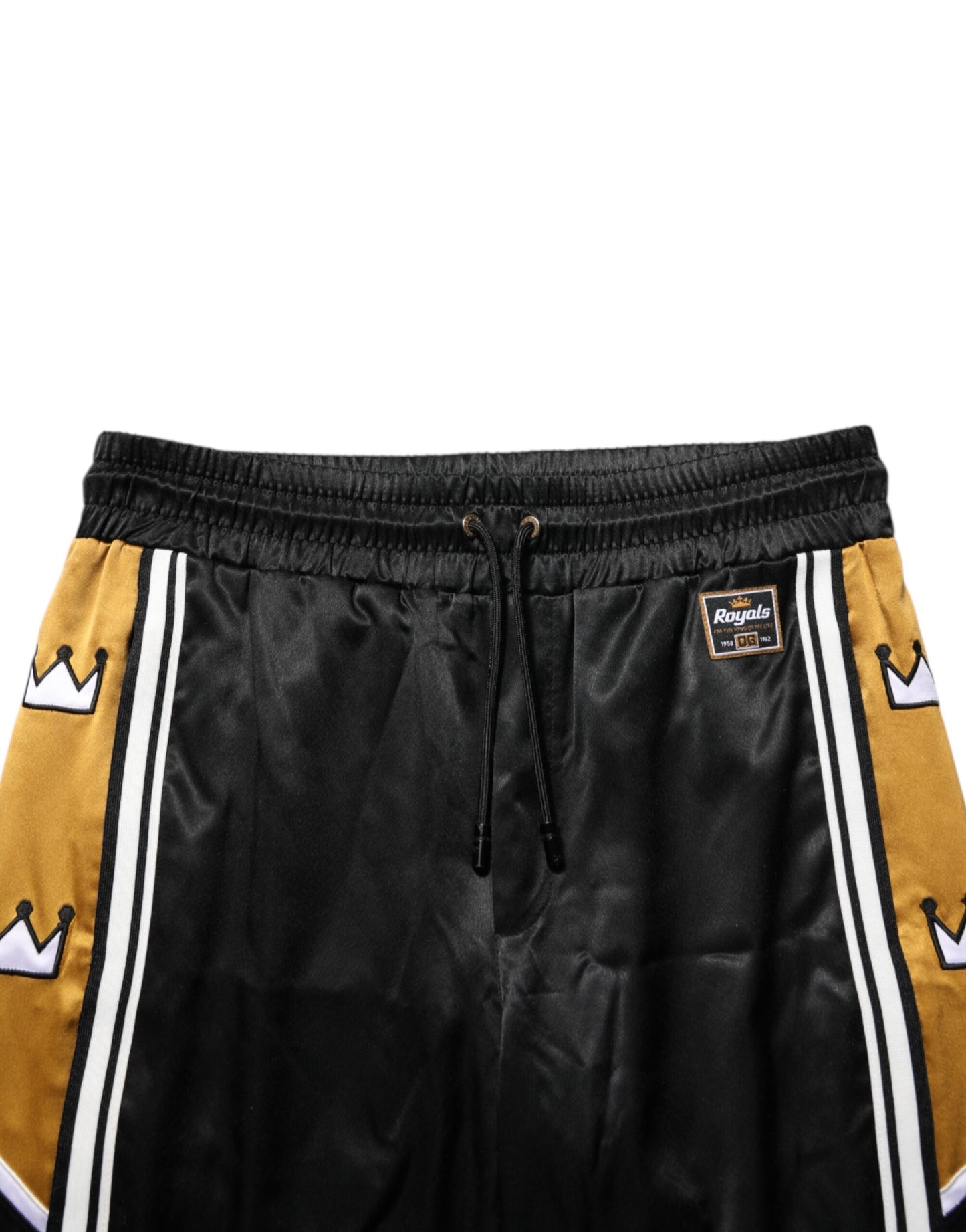 Dolce &amp; Gabbana – Jogginghose mit seitlichen Streifen und Krone aus Satin in Schwarz und Gold