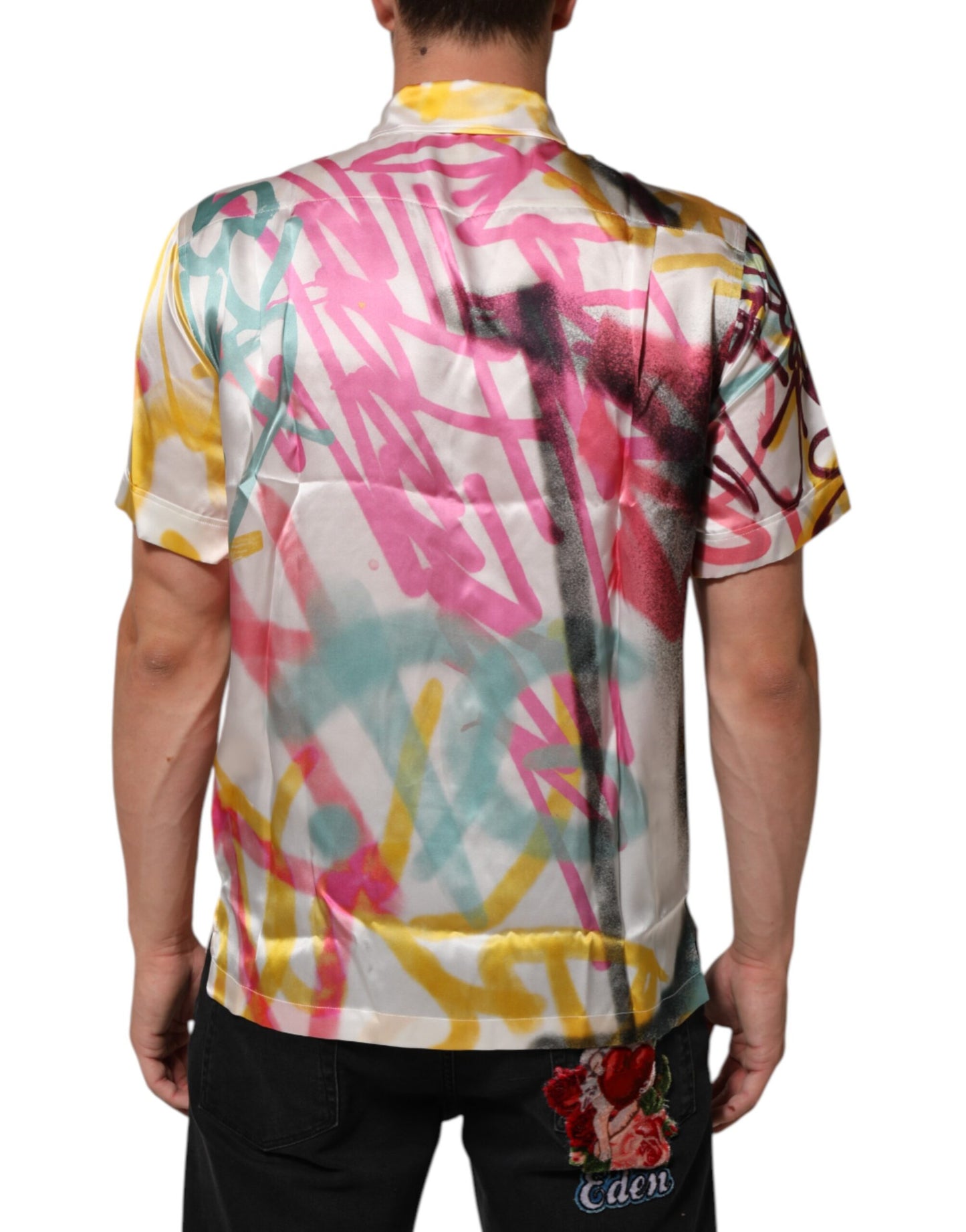 Dolce &amp; Gabbana Weißes Seidenhemd mit Hawaii-Graffiti-Print für Herren