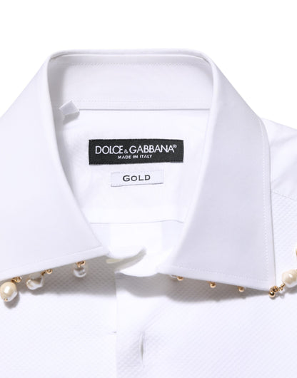 Dolce &amp; Gabbana – Weißes, formelles Baumwollhemd mit DG-Logo und Perlengold