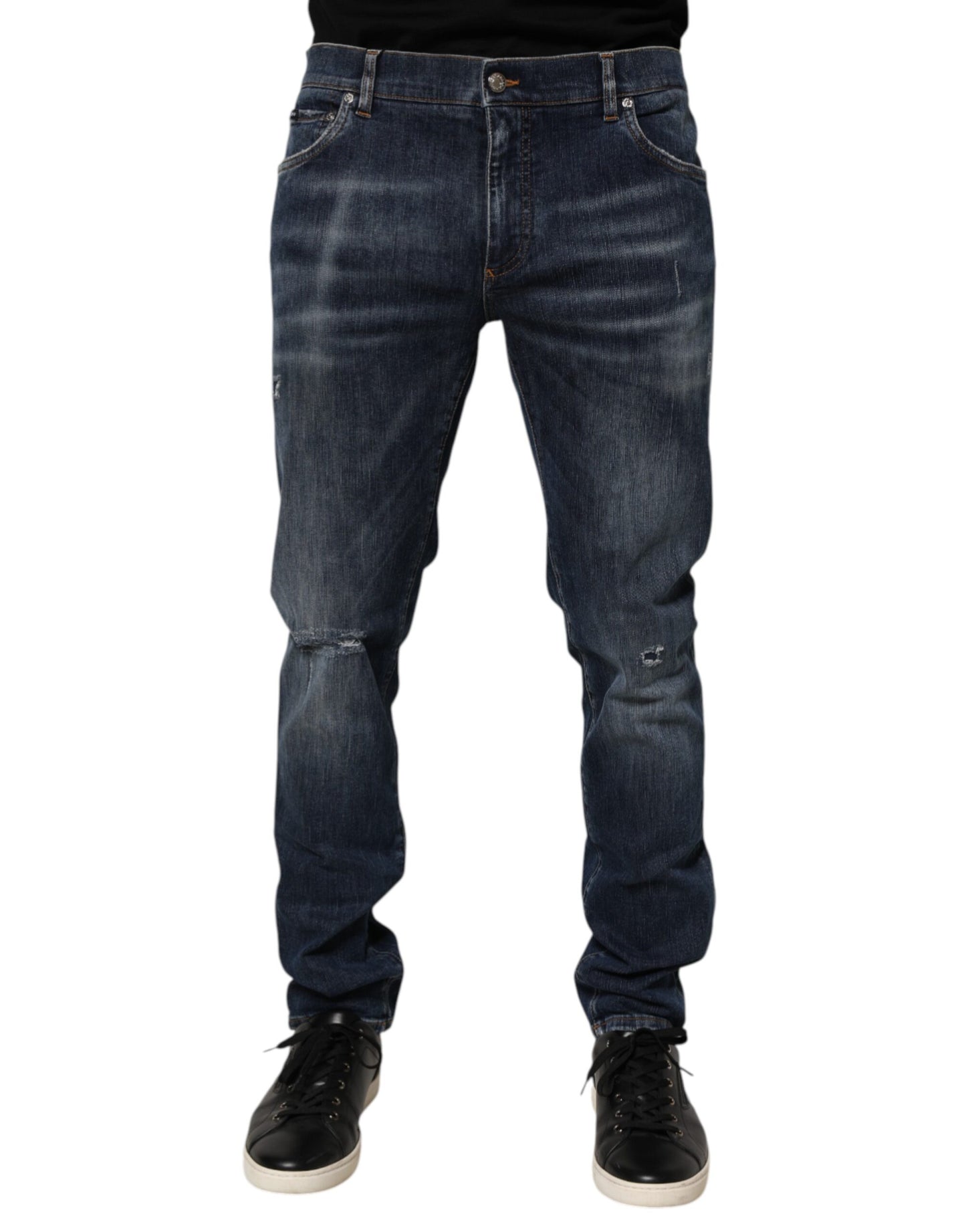 Dolce &amp; Gabbana – Dunkelblaue, verwaschene Running-Jeans aus zerrissenem Denim
