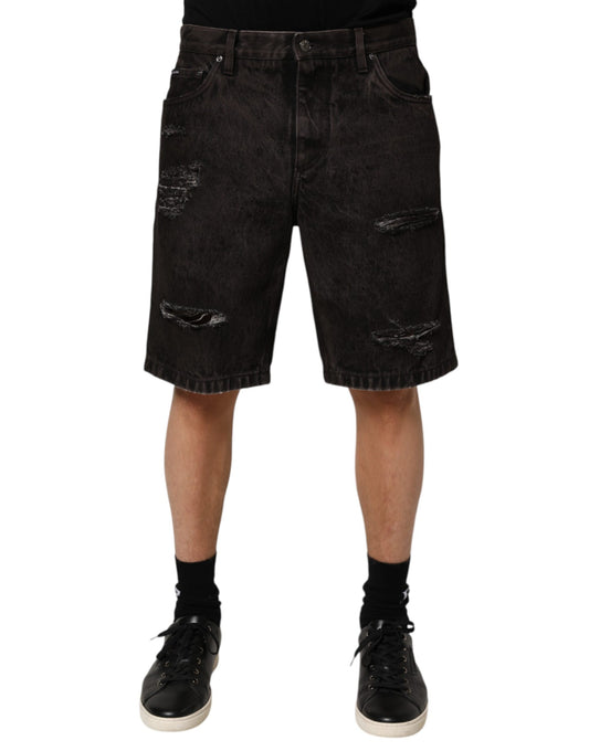 Dolce &amp; Gabbana Herren-Bermudashorts aus zerfetztem Baumwoll-Denim in Schwarz