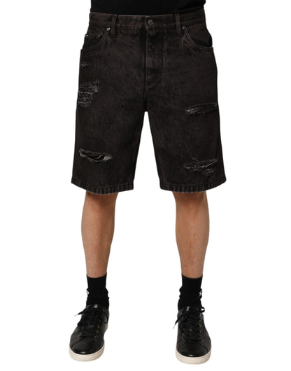 Dolce &amp; Gabbana Herren-Bermudashorts aus zerfetztem Baumwoll-Denim in Schwarz