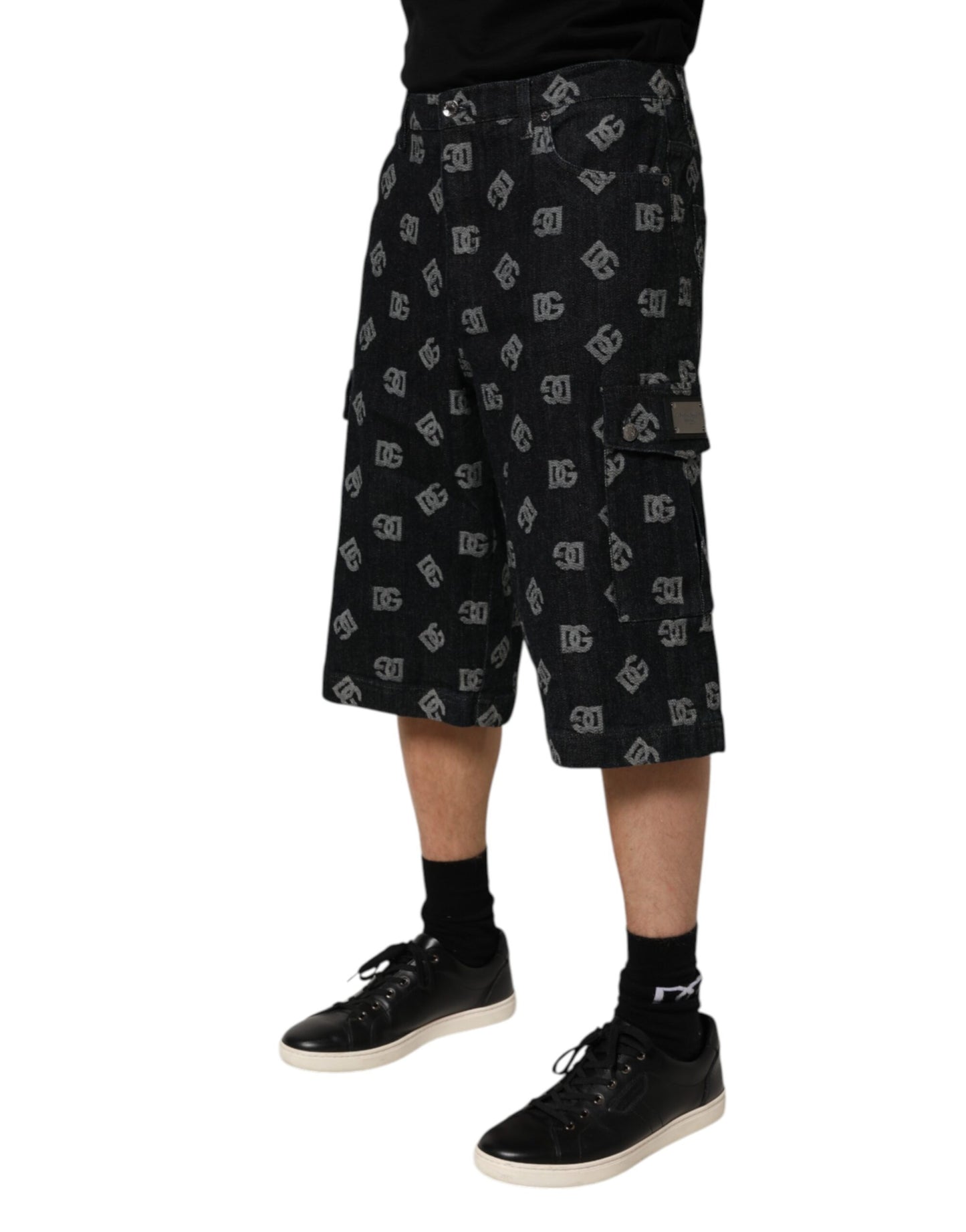 Dolce &amp; Gabbana – Schwarze Cargo-Bermudashorts aus Denim mit Monogramm für Herren