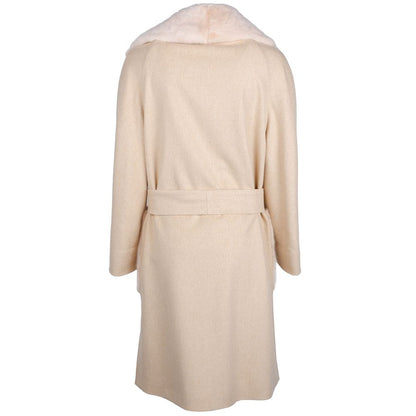 Made in Italy Beige Wool Women Coat with Rabbit Fur Collar