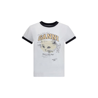 Ganni – T-Shirt mit Kätzchen-Print