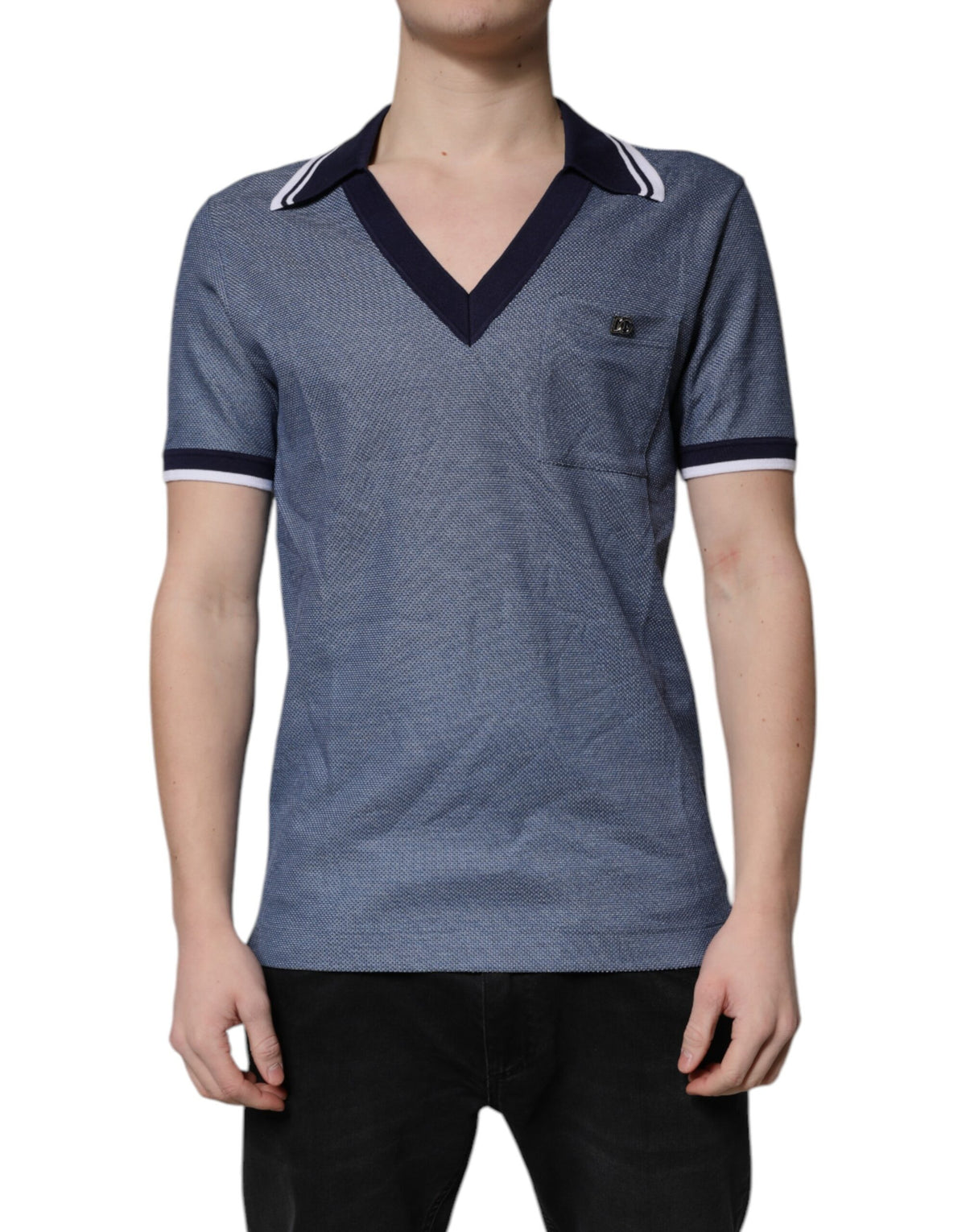 Dolce &amp; Gabbana – Blaues Poloshirt aus Seidenmischung mit V-Ausschnitt und Kragen