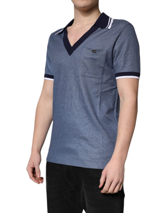 Dolce &amp; Gabbana – Blaues Poloshirt aus Seidenmischung mit V-Ausschnitt und Kragen