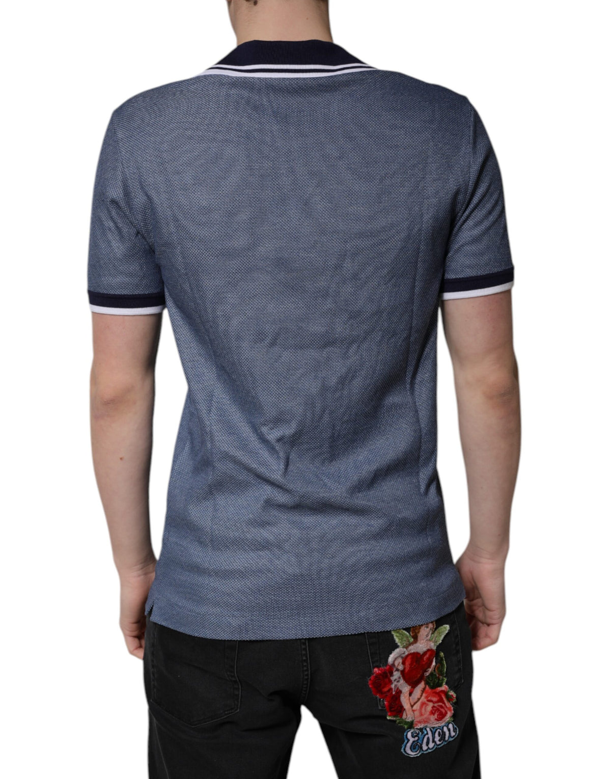 Dolce &amp; Gabbana – Blaues Poloshirt aus Seidenmischung mit V-Ausschnitt und Kragen