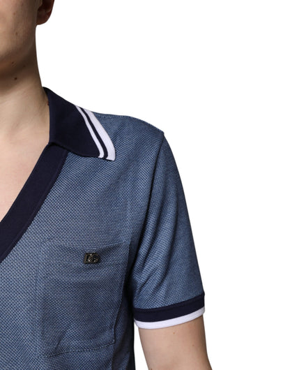 Dolce &amp; Gabbana – Blaues Poloshirt aus Seidenmischung mit V-Ausschnitt und Kragen