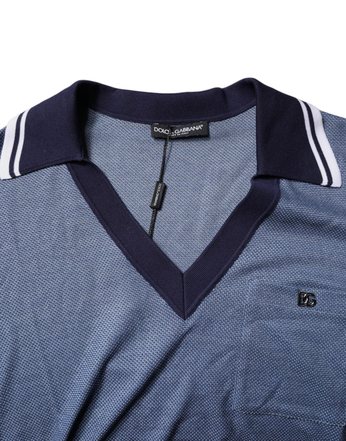 Dolce &amp; Gabbana – Blaues Poloshirt aus Seidenmischung mit V-Ausschnitt und Kragen