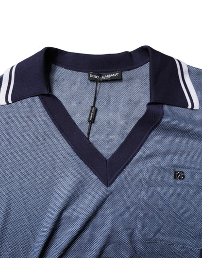 Dolce &amp; Gabbana – Blaues Poloshirt aus Seidenmischung mit V-Ausschnitt und Kragen