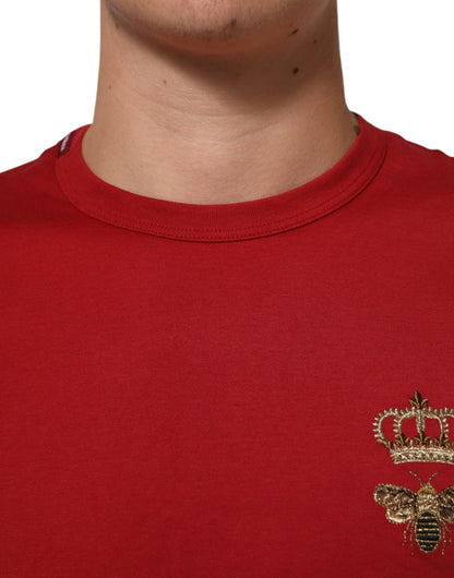 Dolce &amp; Gabbana – Kurzärmliges Baumwoll-T-Shirt mit roter Krone und Bienenmotiv