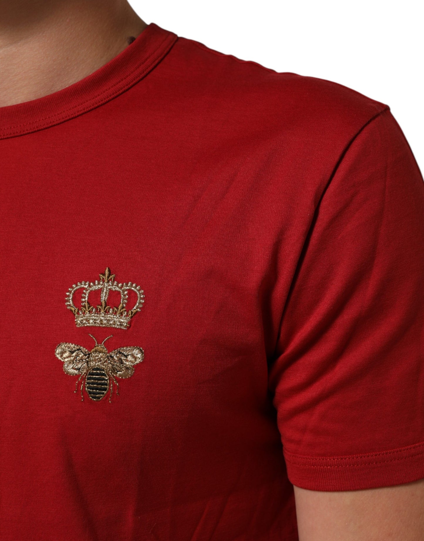 Dolce &amp; Gabbana – Kurzärmliges Baumwoll-T-Shirt mit roter Krone und Bienenmotiv
