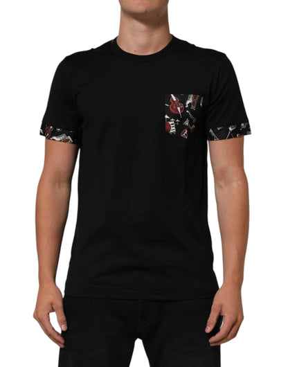 Dolce &amp; Gabbana Schwarzes Baumwoll-T-Shirt mit Rundhalsausschnitt und Musikdruck