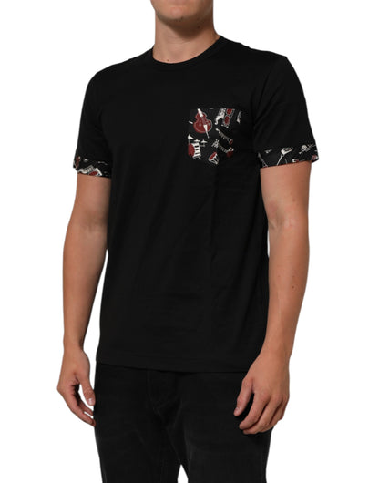Dolce &amp; Gabbana Schwarzes Baumwoll-T-Shirt mit Rundhalsausschnitt und Musikdruck