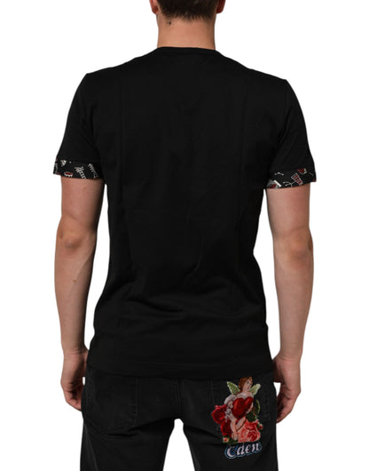 Dolce &amp; Gabbana Schwarzes Baumwoll-T-Shirt mit Rundhalsausschnitt und Musikdruck