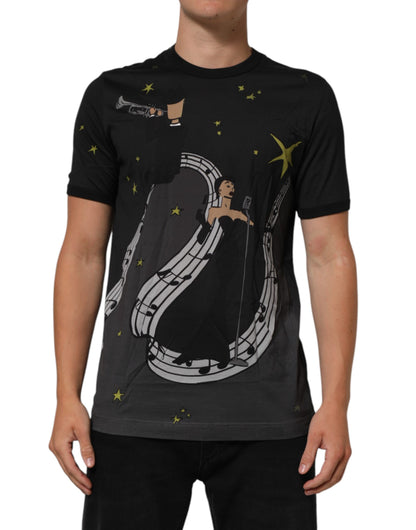 Dolce &amp; Gabbana Schwarzes Baumwoll-T-Shirt mit Rundhalsausschnitt und Musikdruck