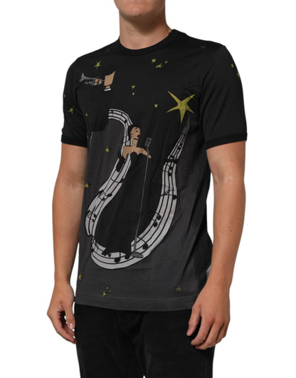 Dolce &amp; Gabbana Schwarzes Baumwoll-T-Shirt mit Rundhalsausschnitt und Musikdruck