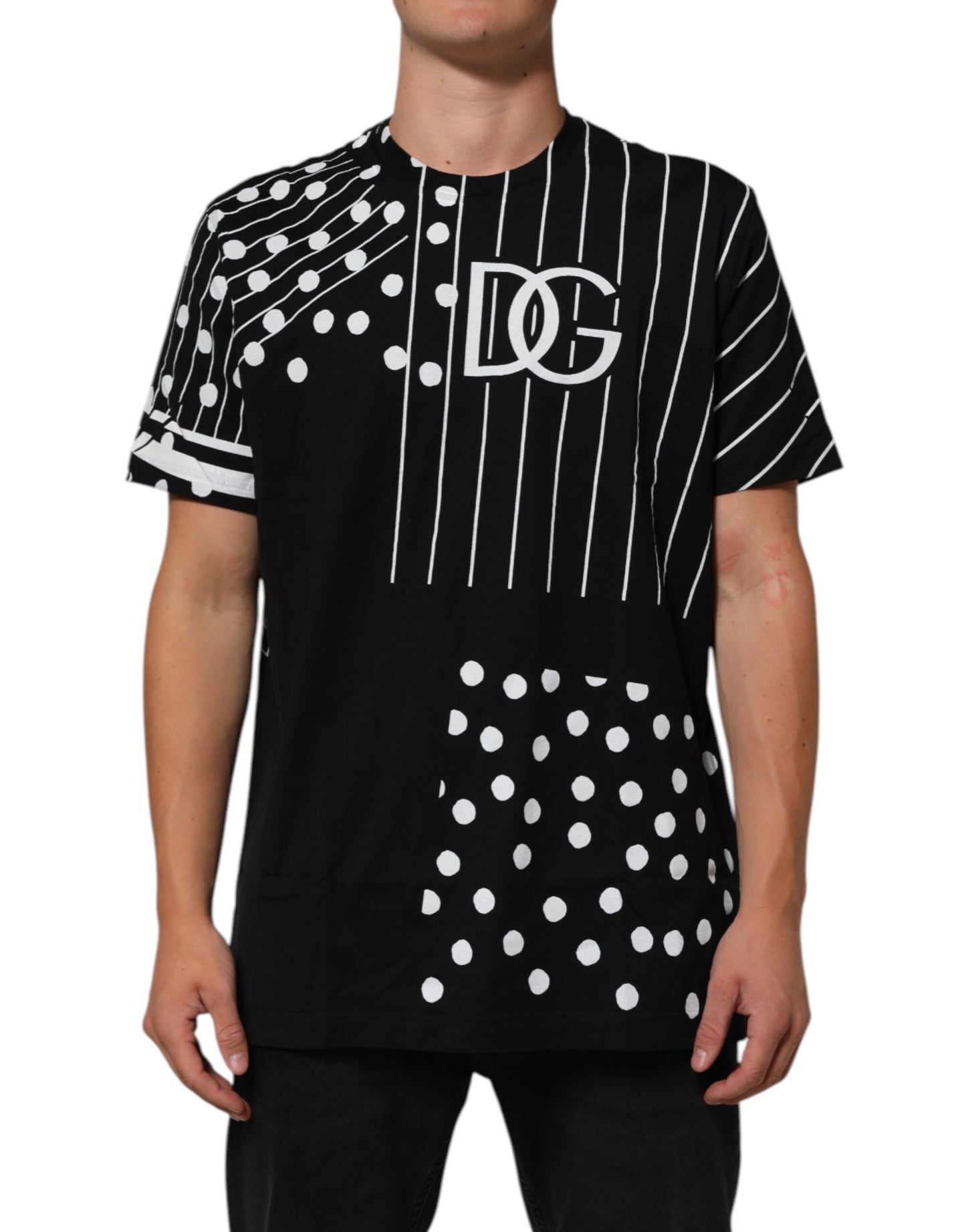 Dolce &amp; Gabbana – Schwarzes T-Shirt aus Baumwolle mit Polka Dots und Rundhalsausschnitt