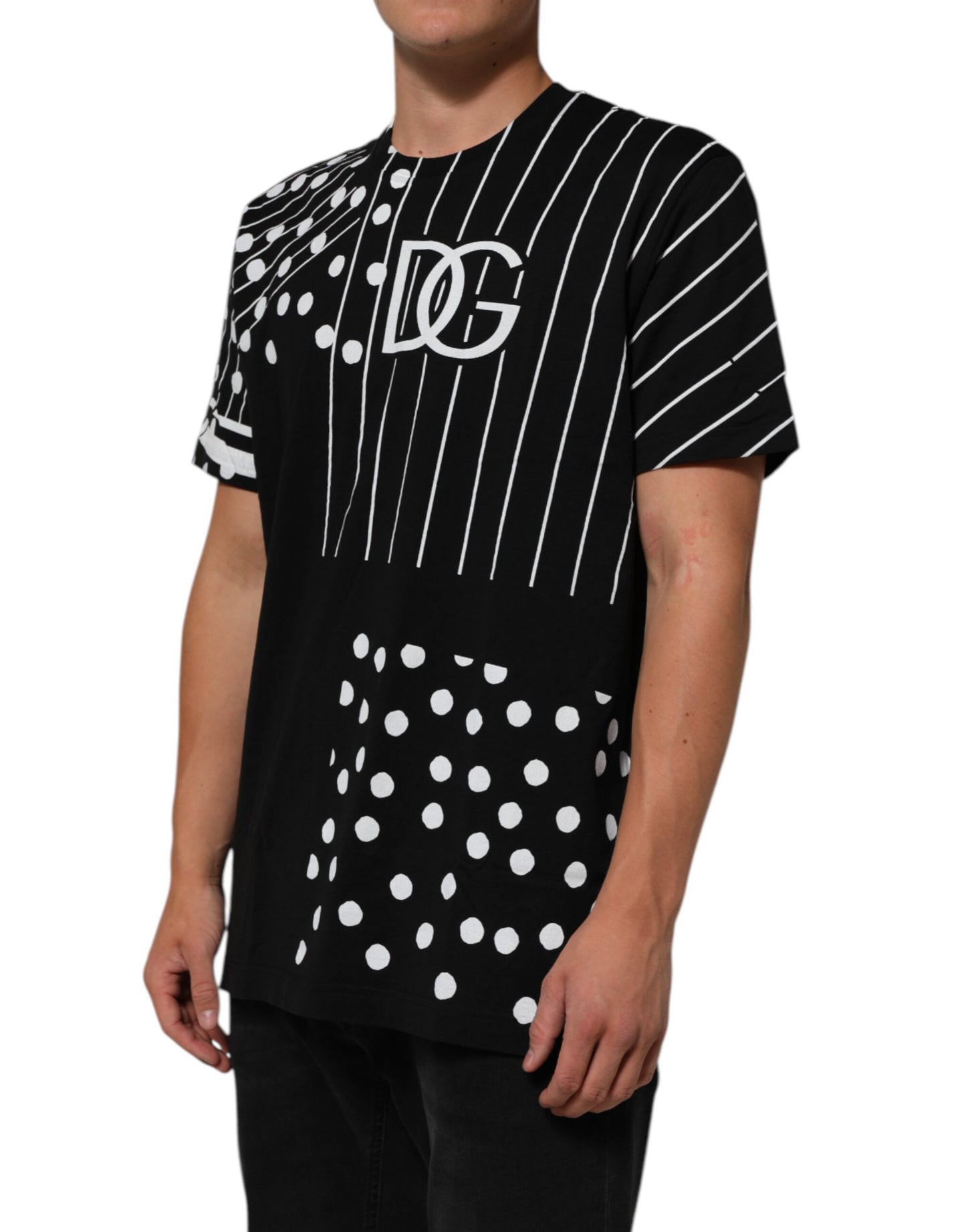 Dolce &amp; Gabbana – Schwarzes T-Shirt aus Baumwolle mit Polka Dots und Rundhalsausschnitt