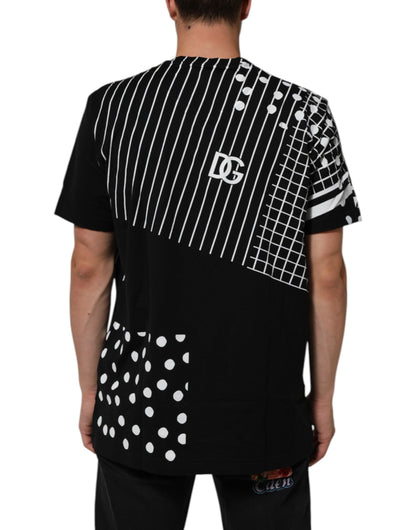 Dolce &amp; Gabbana – Schwarzes T-Shirt aus Baumwolle mit Polka Dots und Rundhalsausschnitt