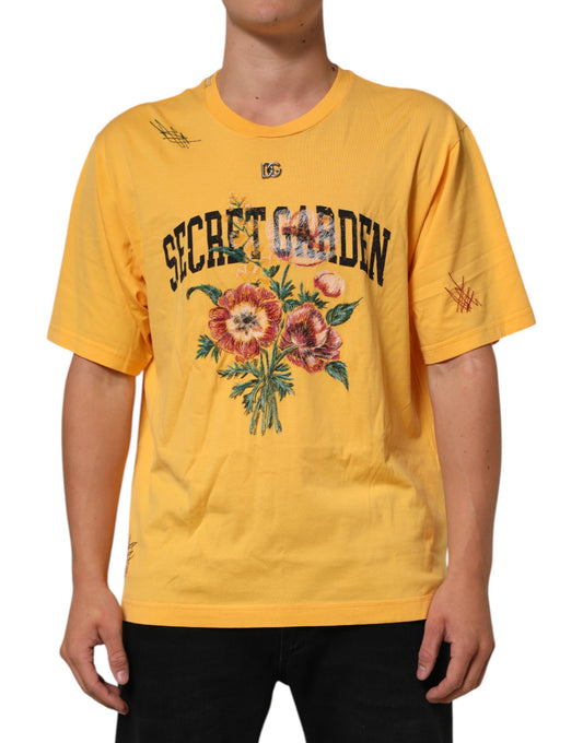 Dolce &amp; Gabbana Gelbes T-Shirt mit Rundhalsausschnitt aus geblümter Baumwolle „Secret Graden“