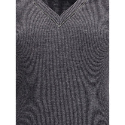 Brunello Cucinelli Langärmliges T-Shirt aus geripptem Wolljersey mit glänzendem Besatz