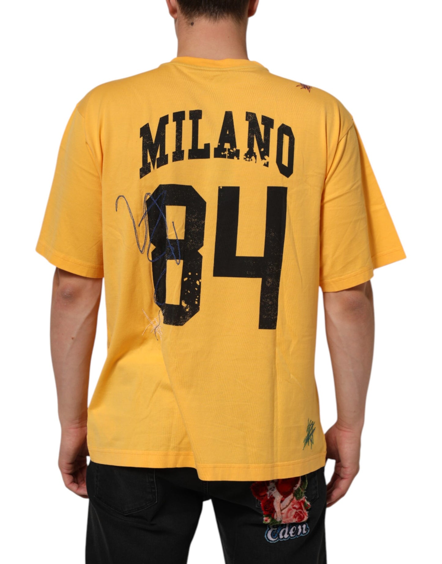 Dolce &amp; Gabbana Gelbes T-Shirt aus Baumwolle mit Rundhalsausschnitt und Blumenmuster „Secret Graden“