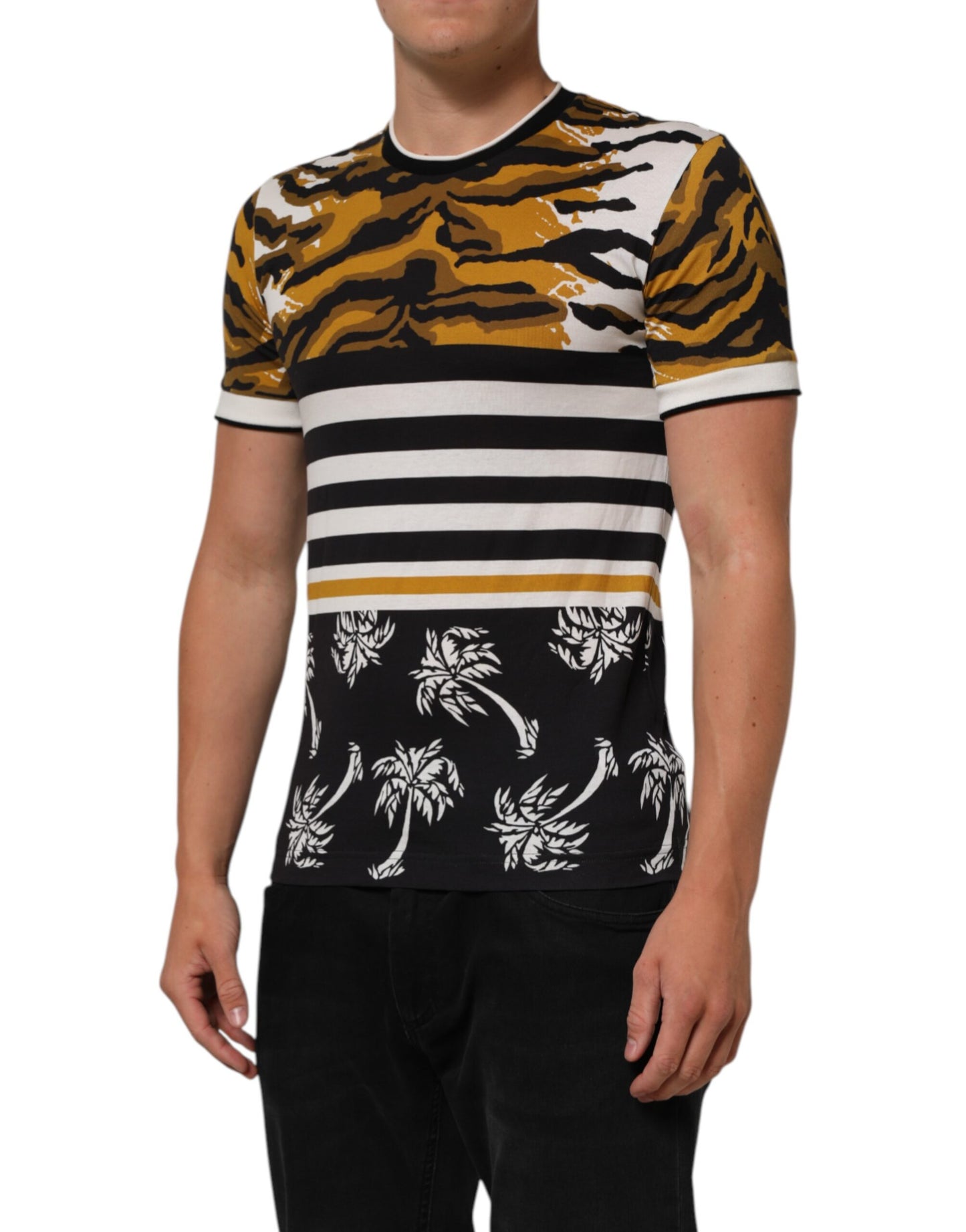 Dolce &amp; Gabbana Mehrfarbiges T-Shirt mit Rundhalsausschnitt und Leopardenmuster in Palmenblättern für Herren