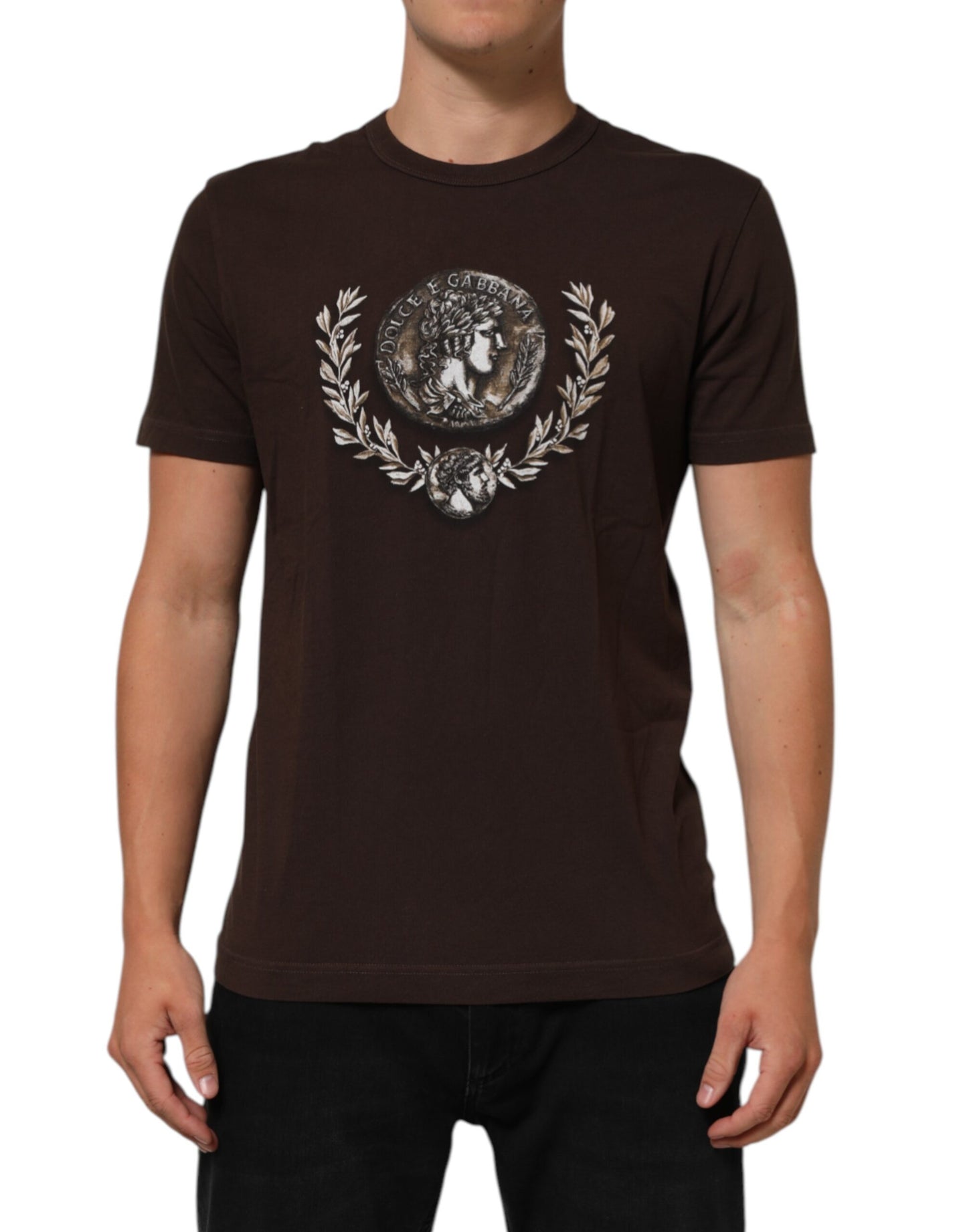 Dolce &amp; Gabbana – Braunes T-Shirt mit Rundhalsausschnitt und Lorbeer-Print für Herren