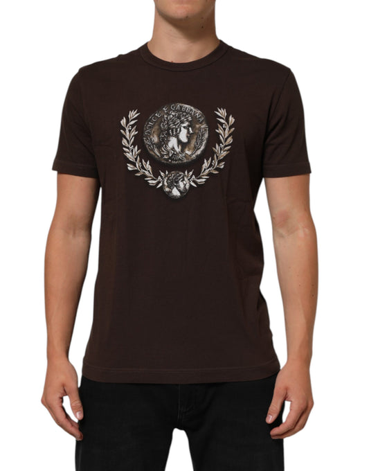 Dolce & Gabbana – Braunes T-Shirt mit Rundhalsausschnitt und Lorbeer-Print für Herren