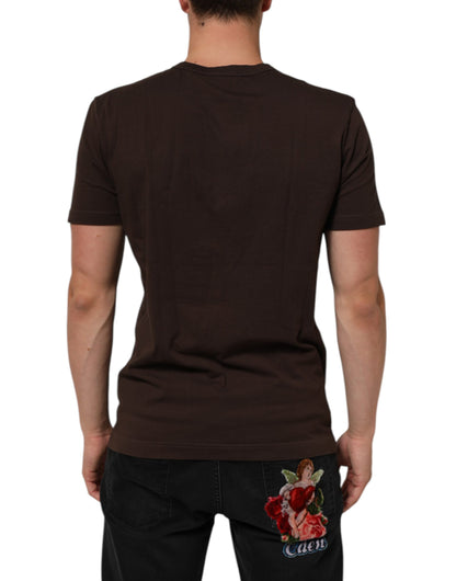 Dolce &amp; Gabbana – Braunes T-Shirt mit Rundhalsausschnitt und Lorbeer-Print für Herren
