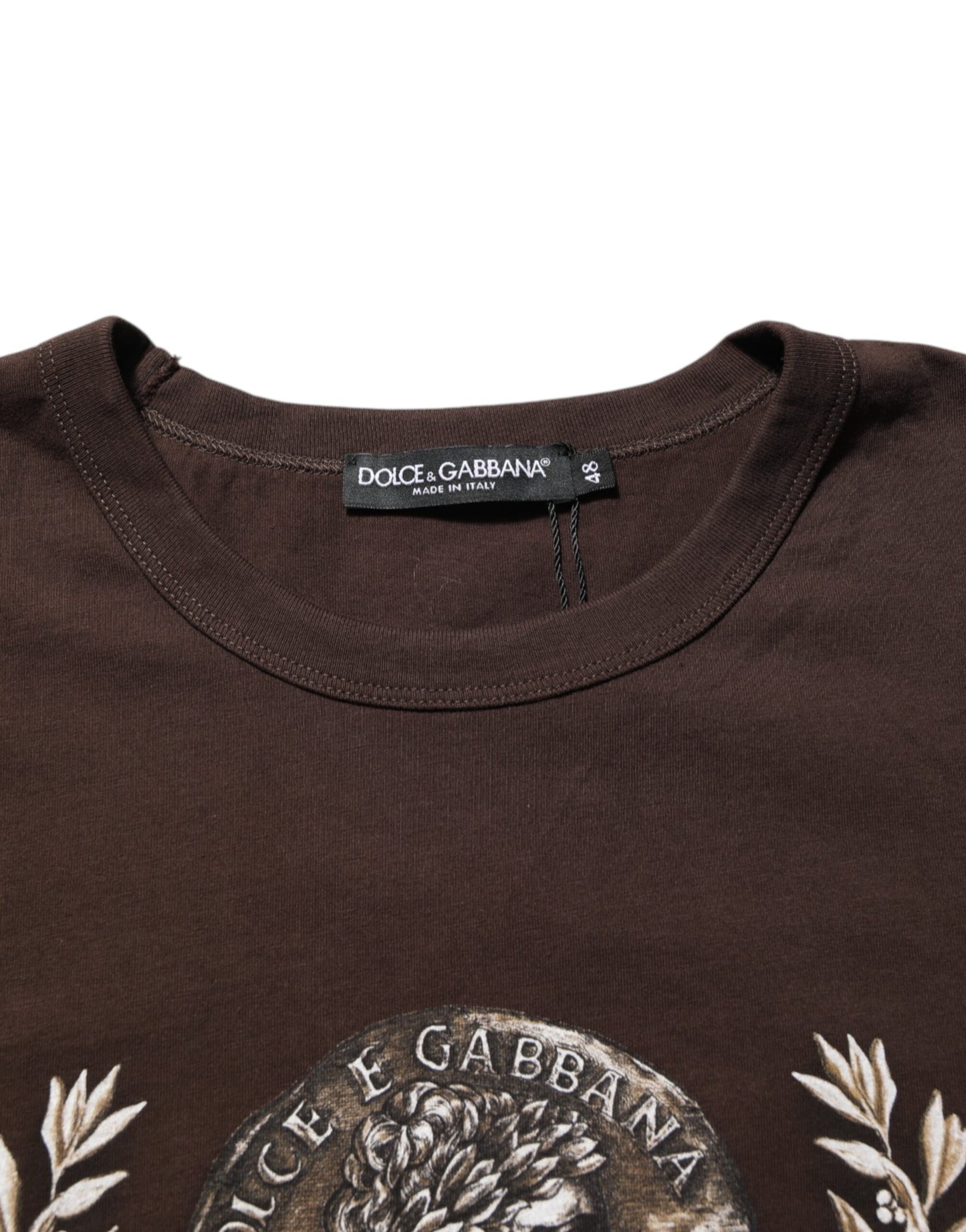 Dolce &amp; Gabbana – Braunes T-Shirt mit Rundhalsausschnitt und Lorbeer-Print für Herren
