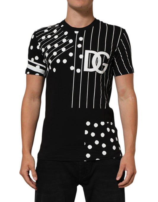Dolce & Gabbana – Schwarzes T-Shirt aus Baumwolle mit Polka Dots und Rundhalsausschnitt