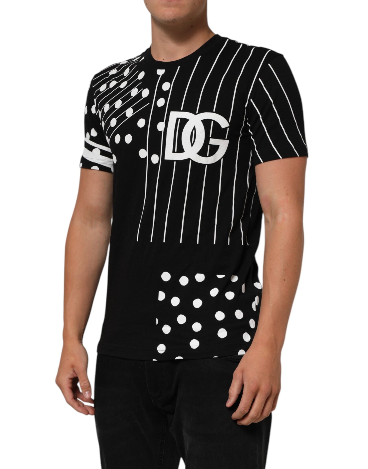 Dolce &amp; Gabbana – Schwarzes T-Shirt aus Baumwolle mit Polka Dots und Rundhalsausschnitt