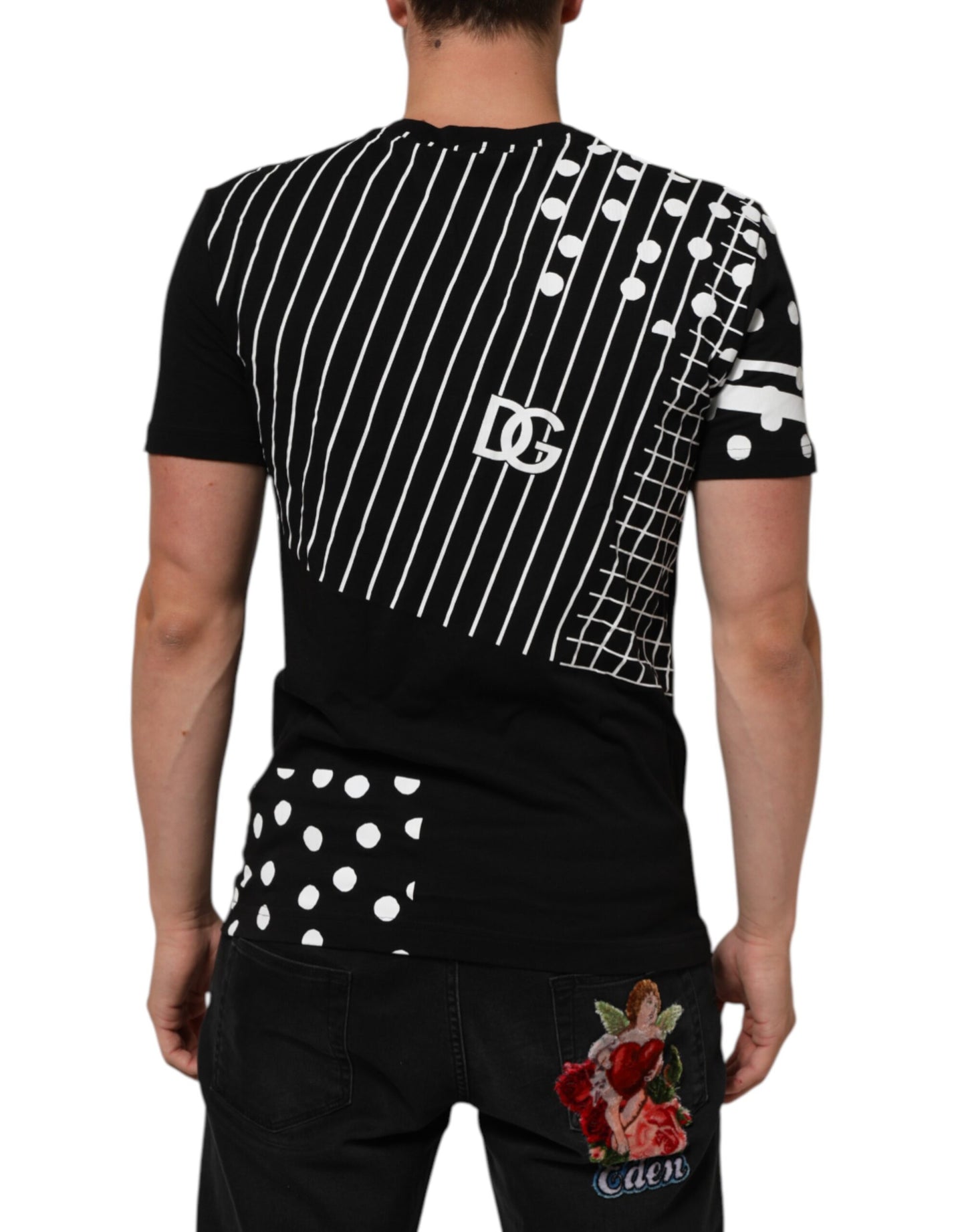 Dolce &amp; Gabbana – Schwarzes T-Shirt aus Baumwolle mit Polka Dots und Rundhalsausschnitt