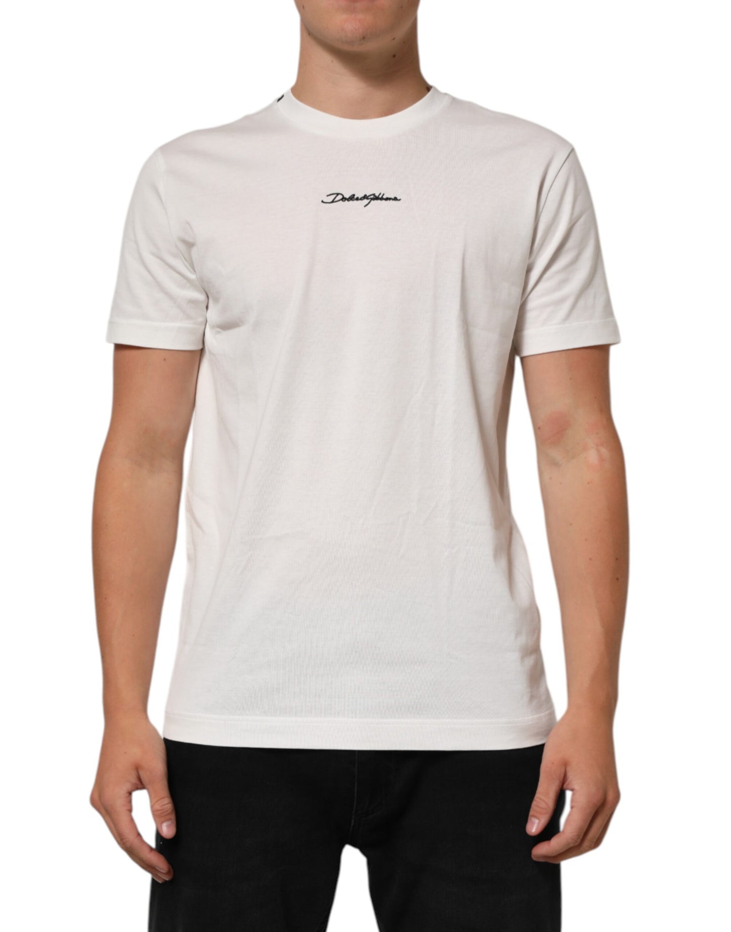 Dolce & Gabbana White Cotton Logo Print Crew Neck Men T-shirt