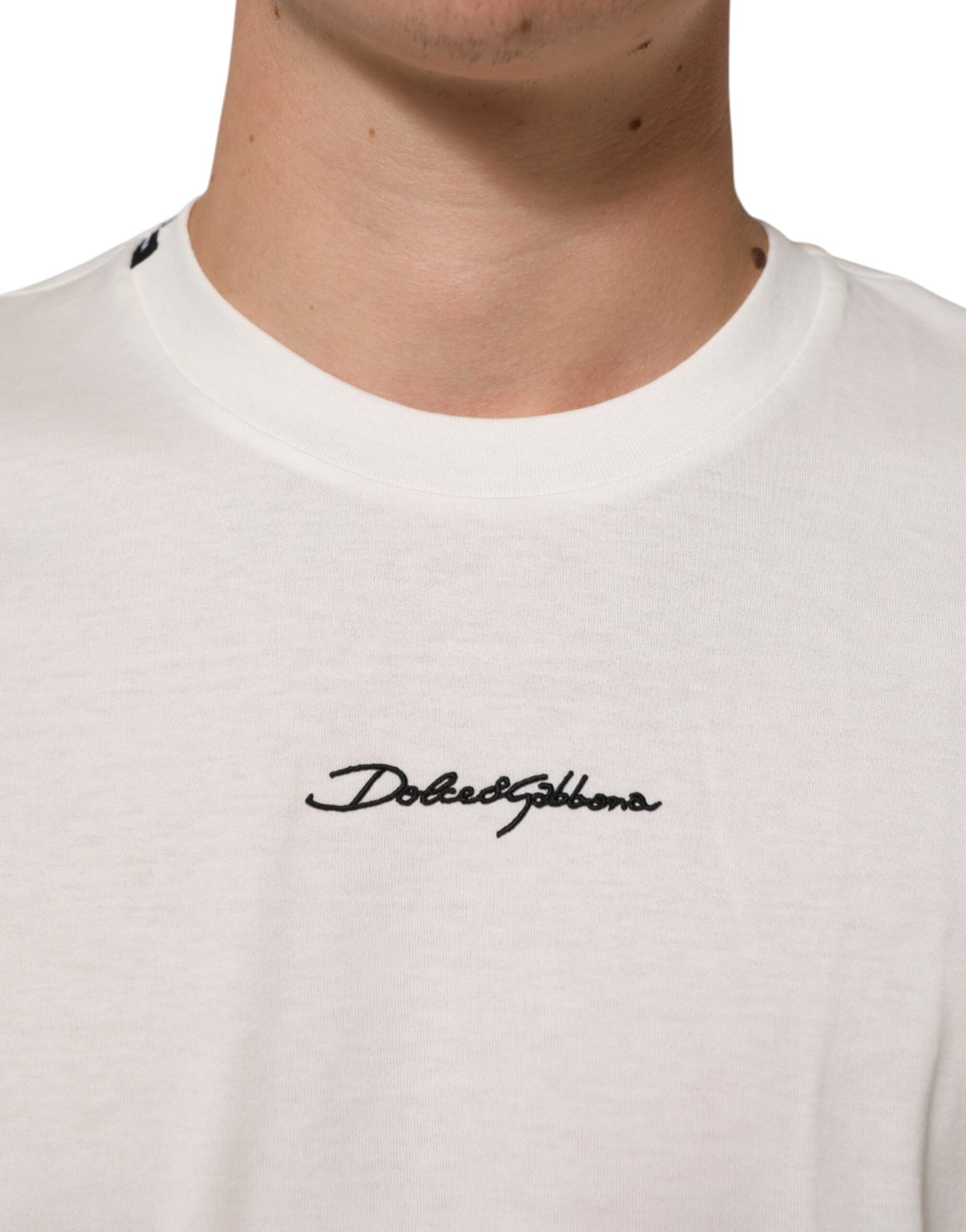 Dolce & Gabbana White Cotton Logo Print Crew Neck Men T-shirt