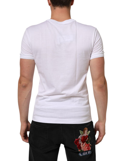 Dolce &amp; Gabbana – Weißes T-Shirt mit V-Ausschnitt und Logo-Patch aus Baumwolle