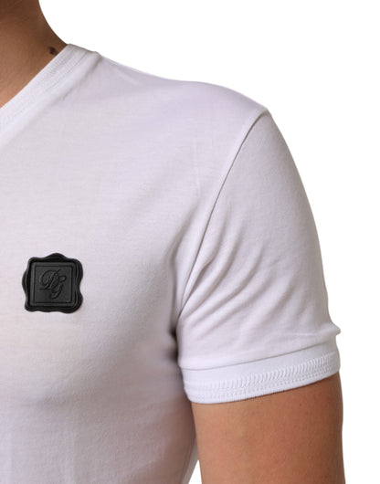 Dolce &amp; Gabbana – Weißes T-Shirt mit V-Ausschnitt und Logo-Patch aus Baumwolle