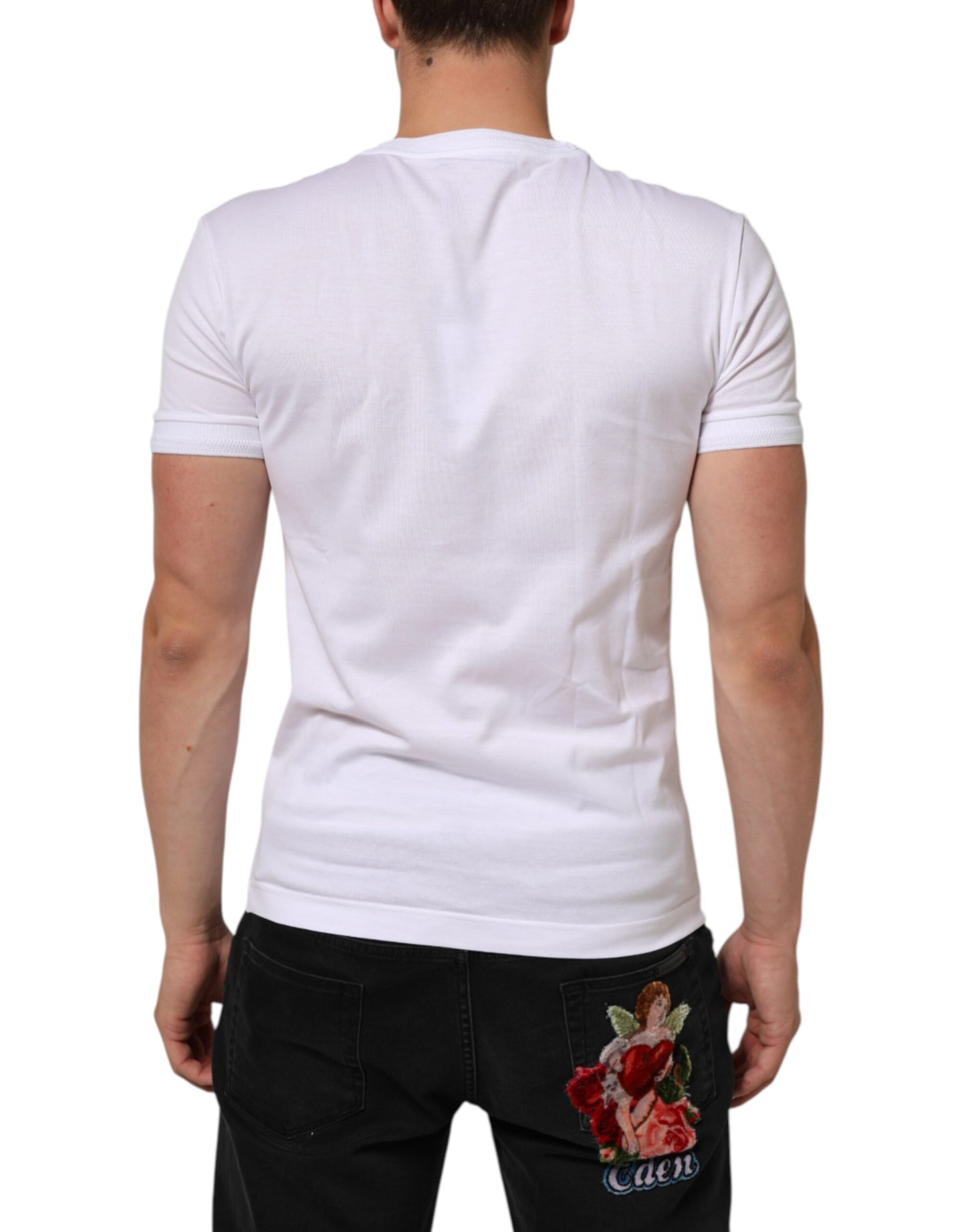 Dolce &amp; Gabbana – Weißes Baumwoll-T-Shirt mit Rundhalsausschnitt und Logo-Patch