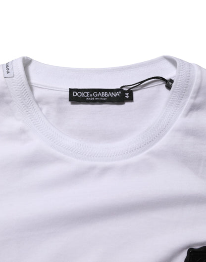 Dolce &amp; Gabbana – Weißes Baumwoll-T-Shirt mit Rundhalsausschnitt und Logo-Patch
